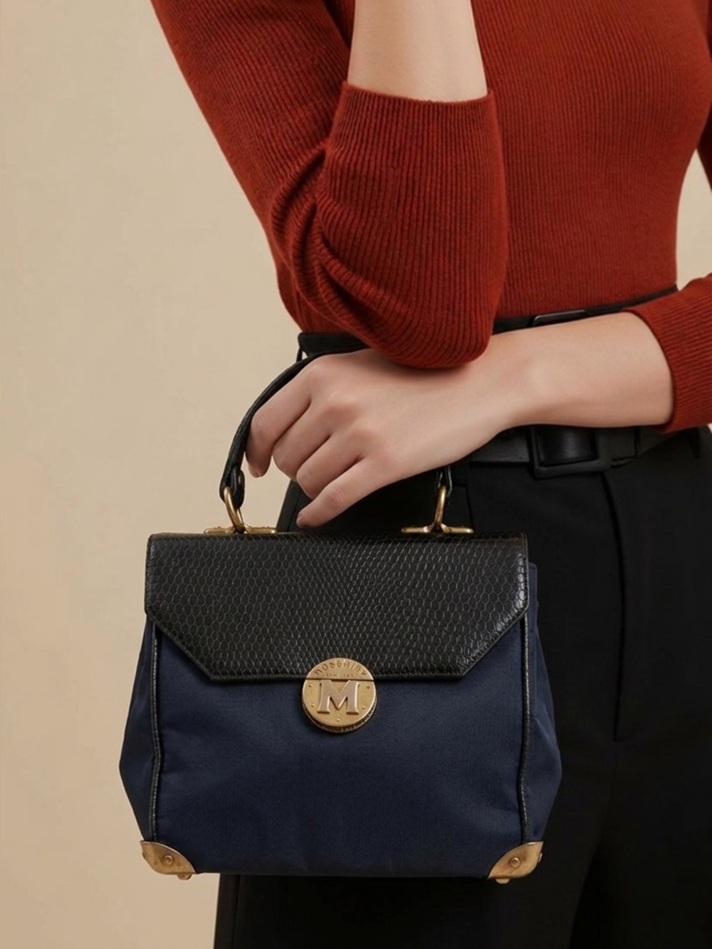 Navy and Black Top-Handle Satchel with Gold Accent
